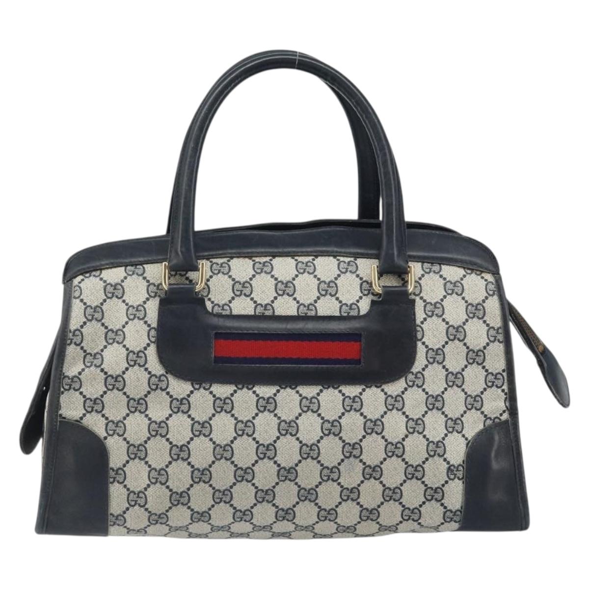 GUCCI GG Supreme Sherry Line Boston Bag PVC Navy Gold Auth 161763