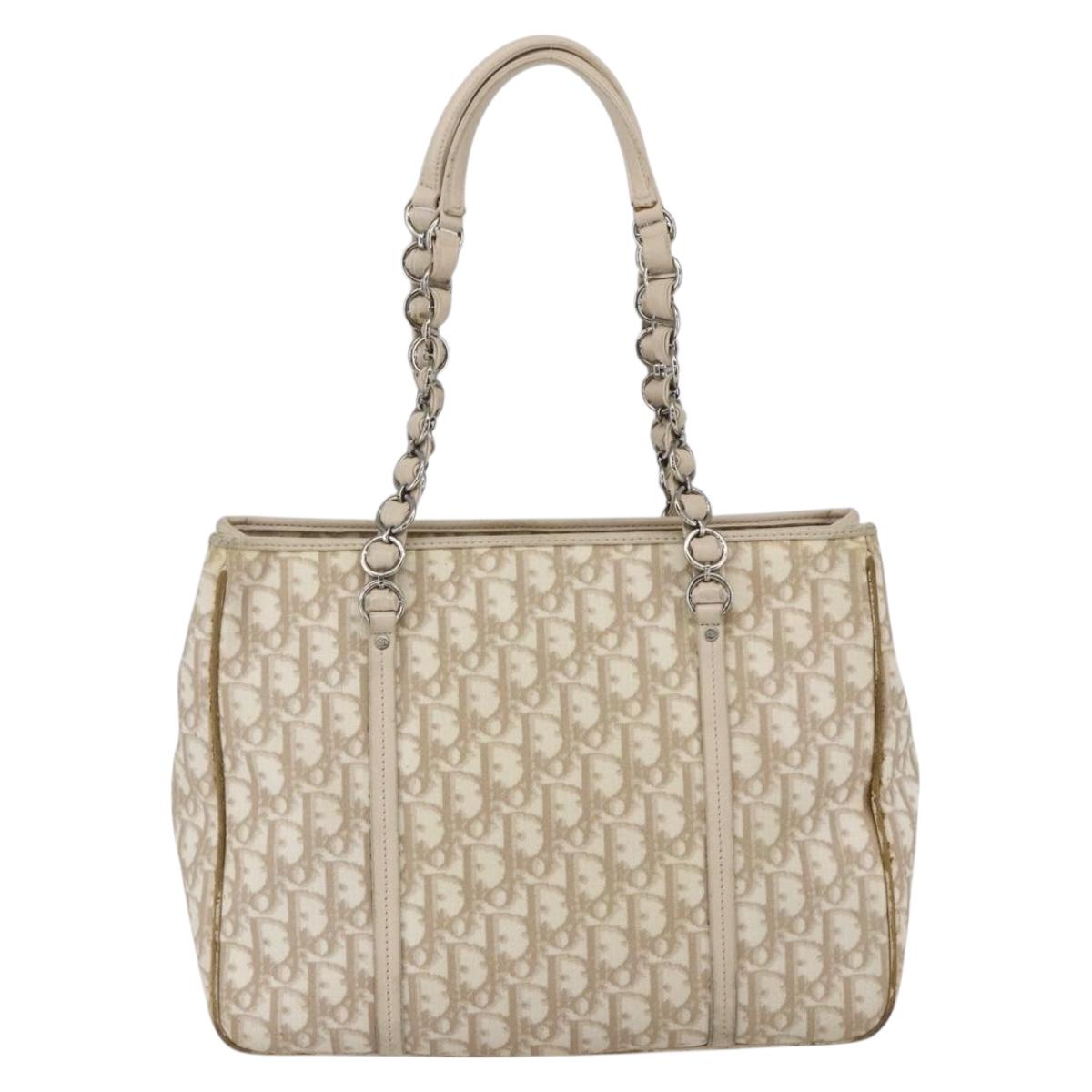 Christian Dior Trotter Canvas Romantic Hand Bag PVC Beige Silver Auth 161784
