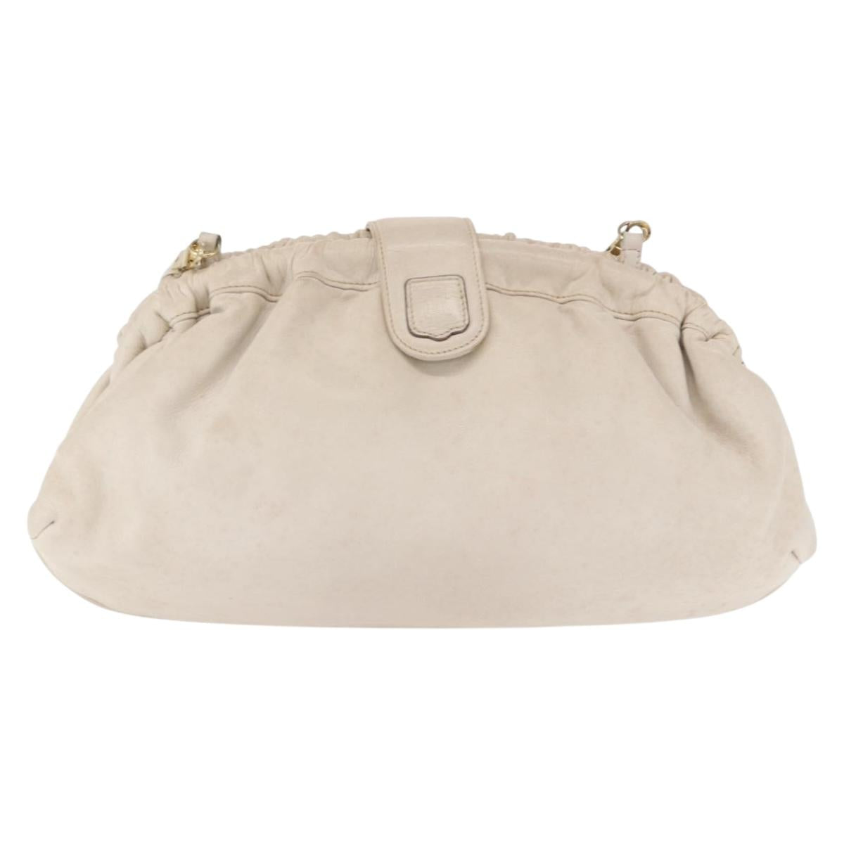 CELINE Shoulder Bag Leather White Gold Auth 162034