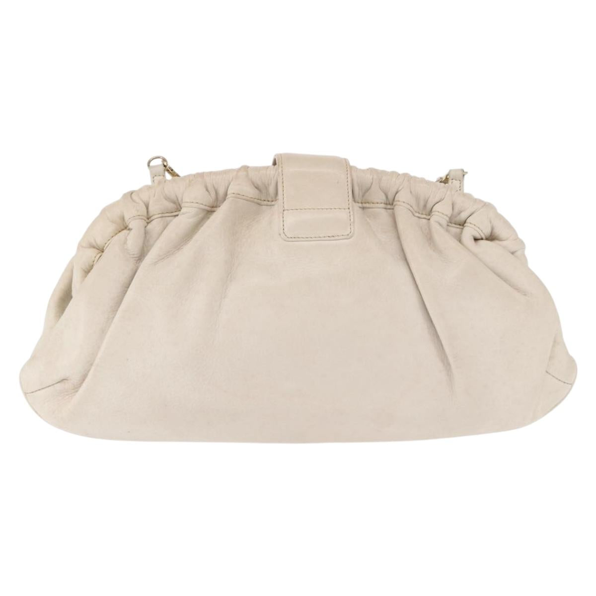 CELINE Shoulder Bag Leather White Gold Auth 162034