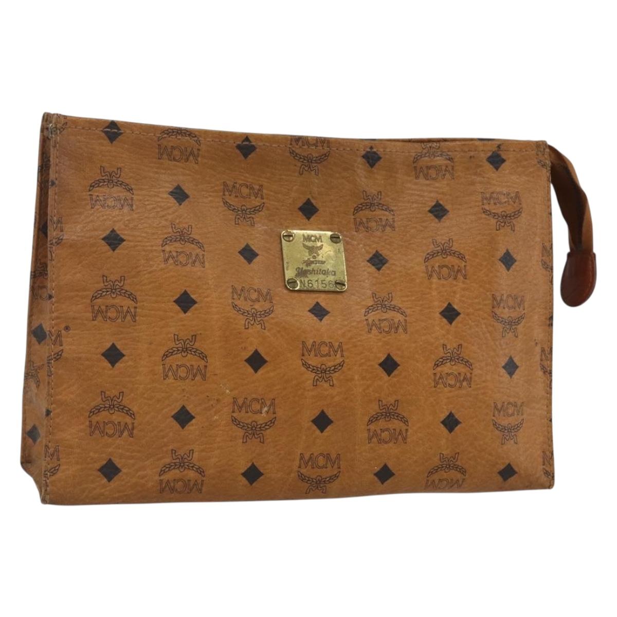 MCM Logogram Vicetos Clutch Bag PVC Leather Brown Gold Auth 162043