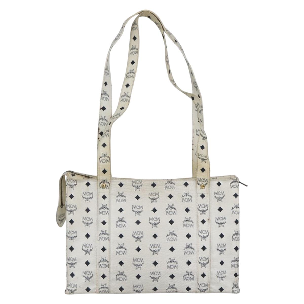 MCM Logogram Vicetos Tote Bag PVC Leather White Gold Auth 162045