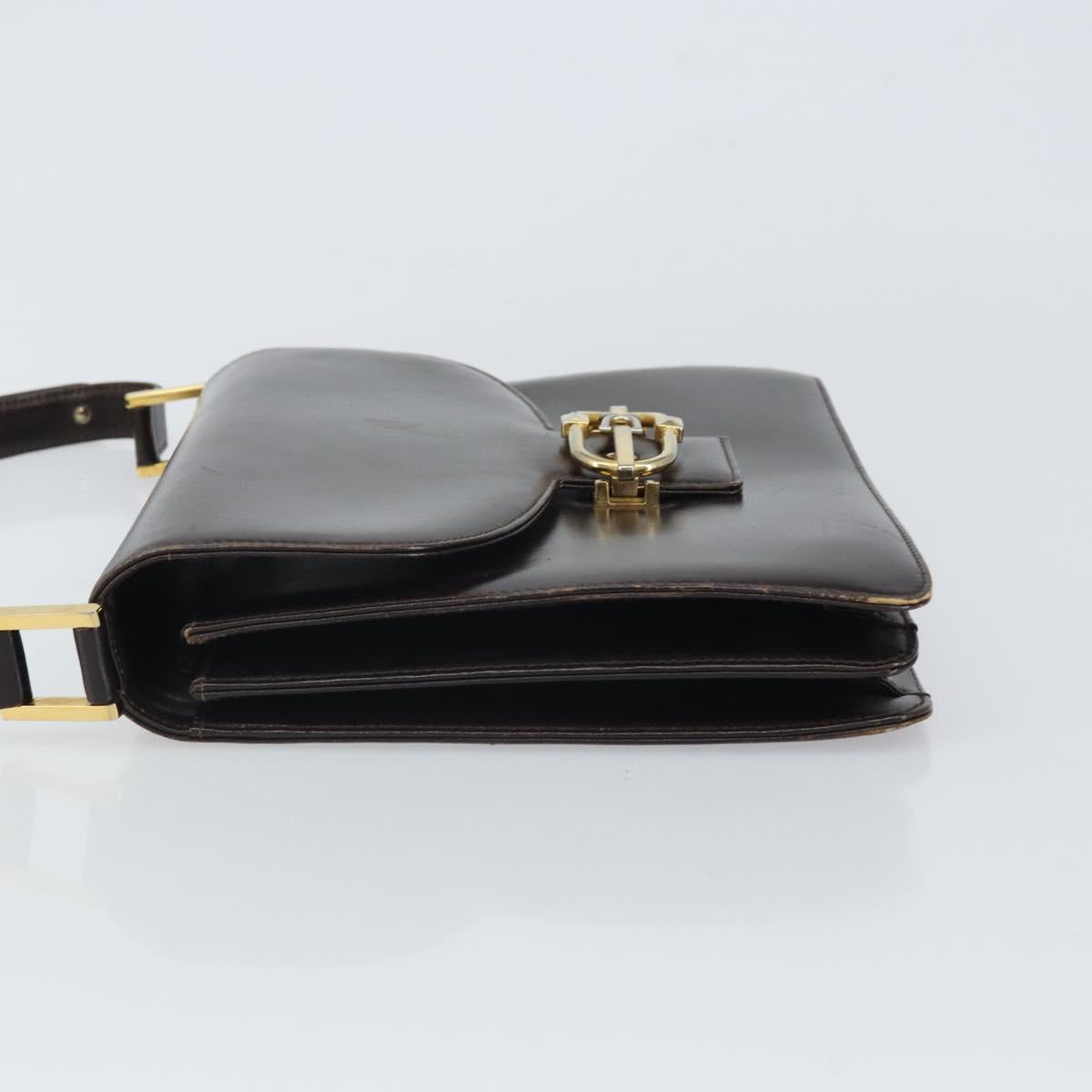 GUCCI Shoulder Bag Leather Brown Gold Auth 162097