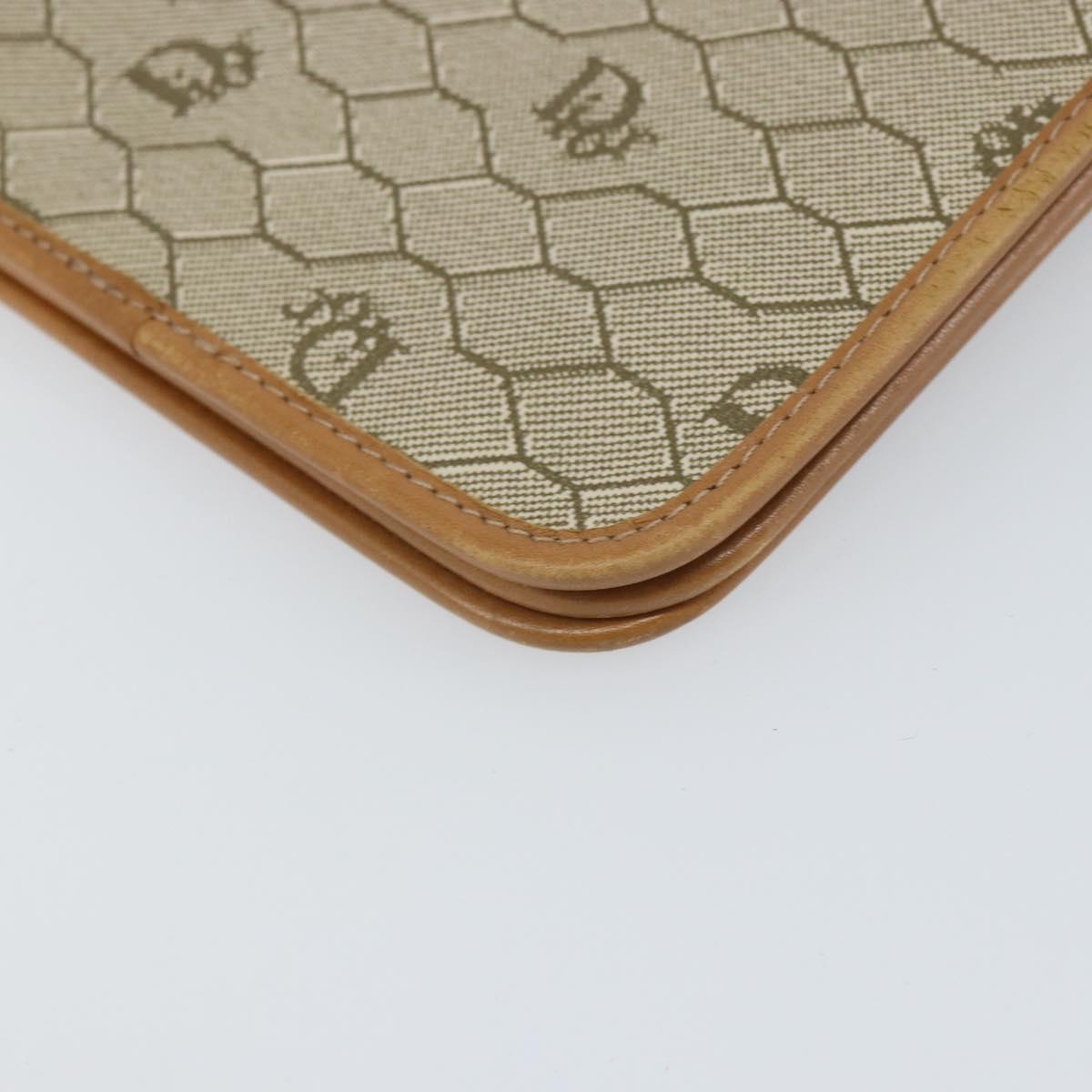Christian Dior Honeycomb Canvas Clutch Bag PVC Beige Gold Auth 162115