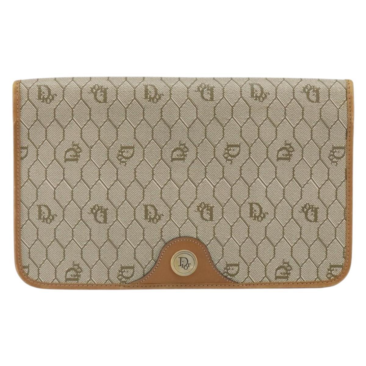 Christian Dior Honeycomb Canvas Clutch Bag PVC Beige Gold Auth 162115
