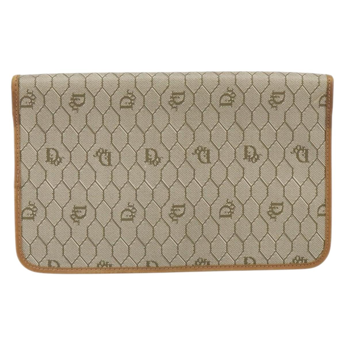 Christian Dior Honeycomb Canvas Clutch Bag PVC Beige Gold Auth 162115