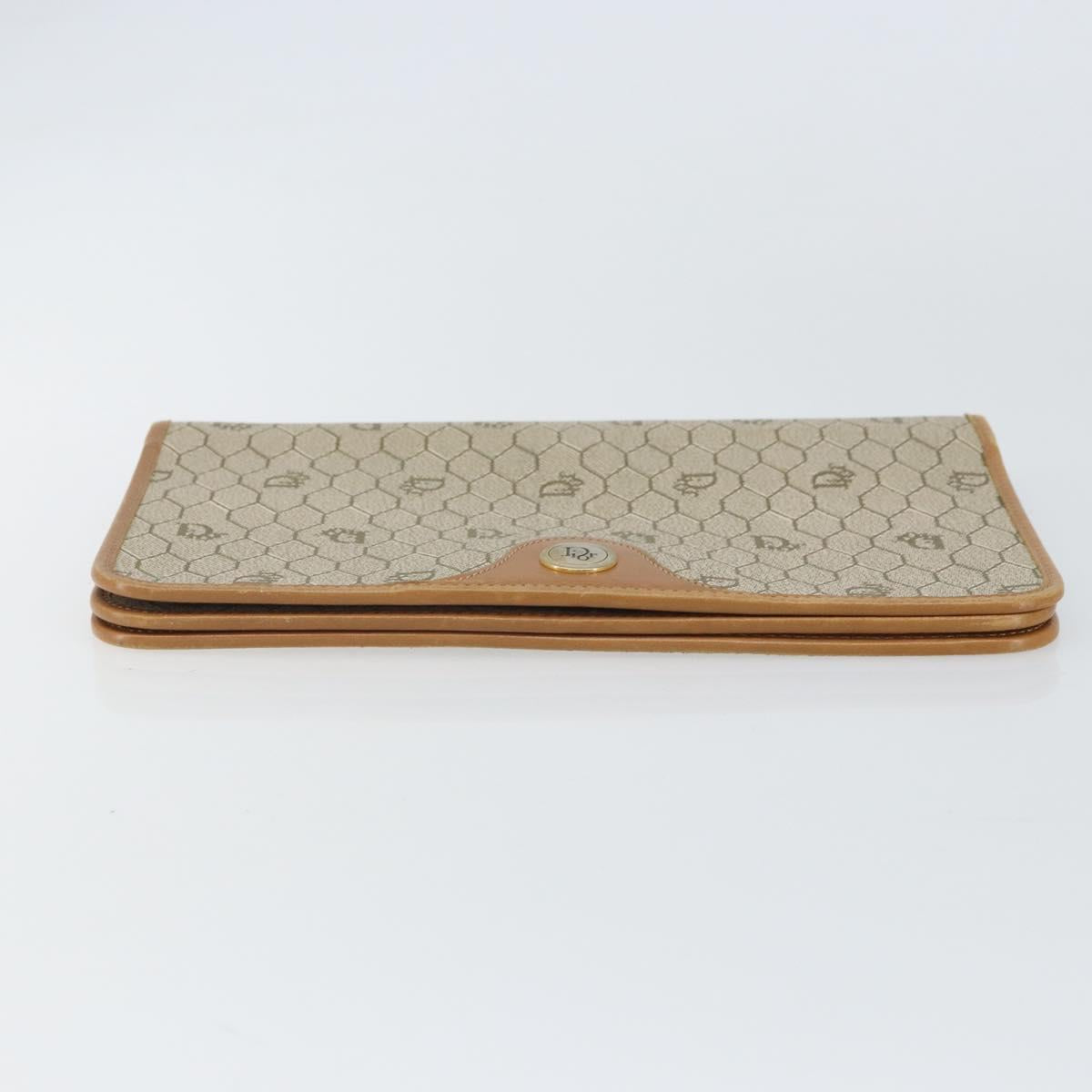 Christian Dior Honeycomb Canvas Clutch Bag PVC Beige Gold Auth 162115