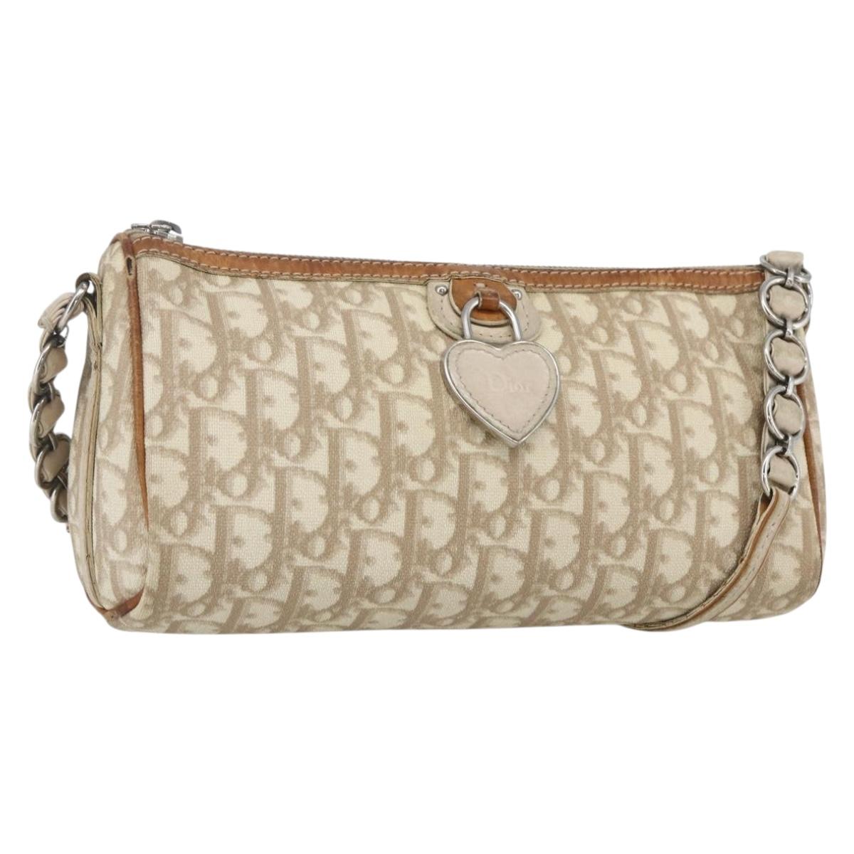 Christian Dior Trotter Canvas Shoulder Bag PVC Beige Silver Auth 162118