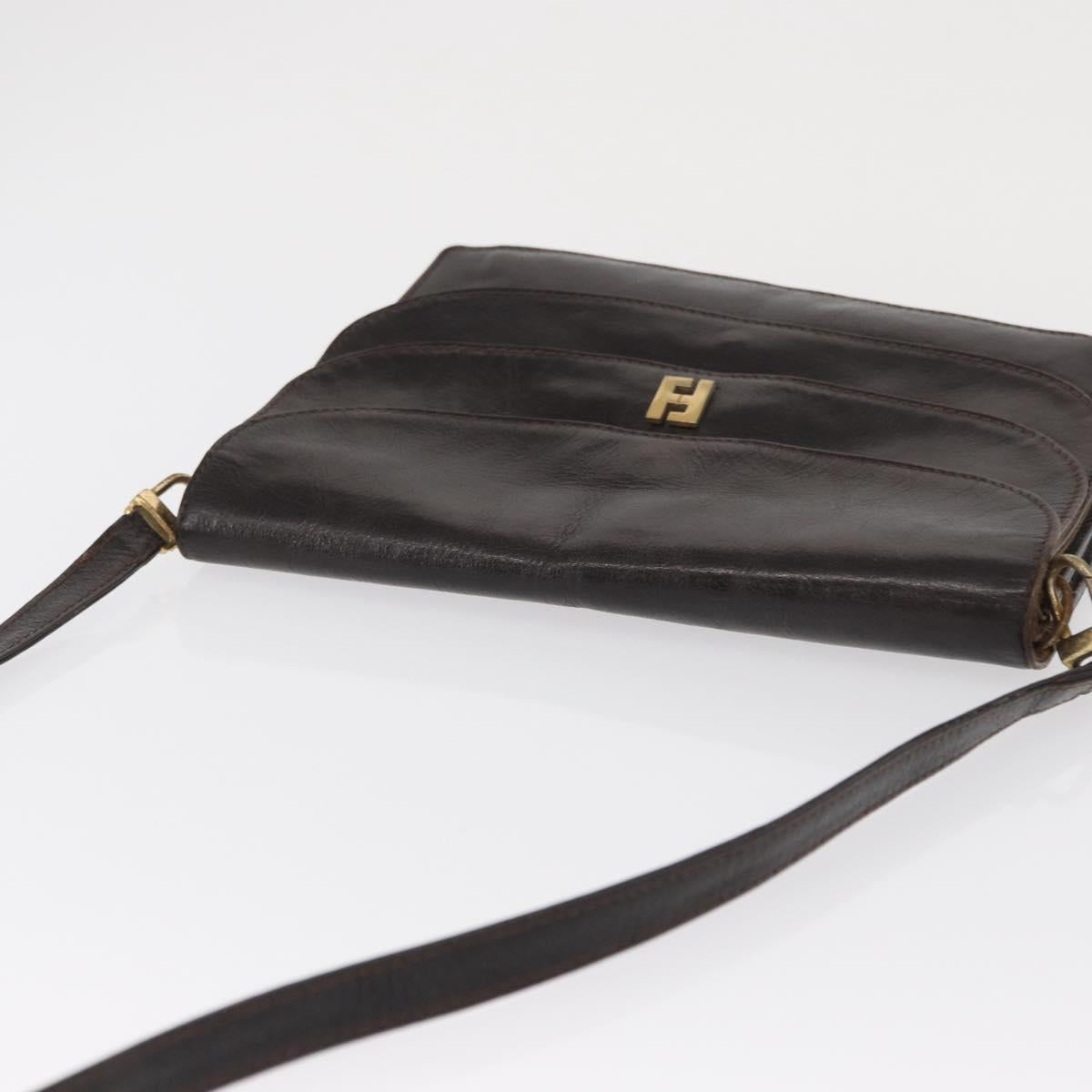 FENDI Shoulder Bag Leather Brown Gold Auth 162124
