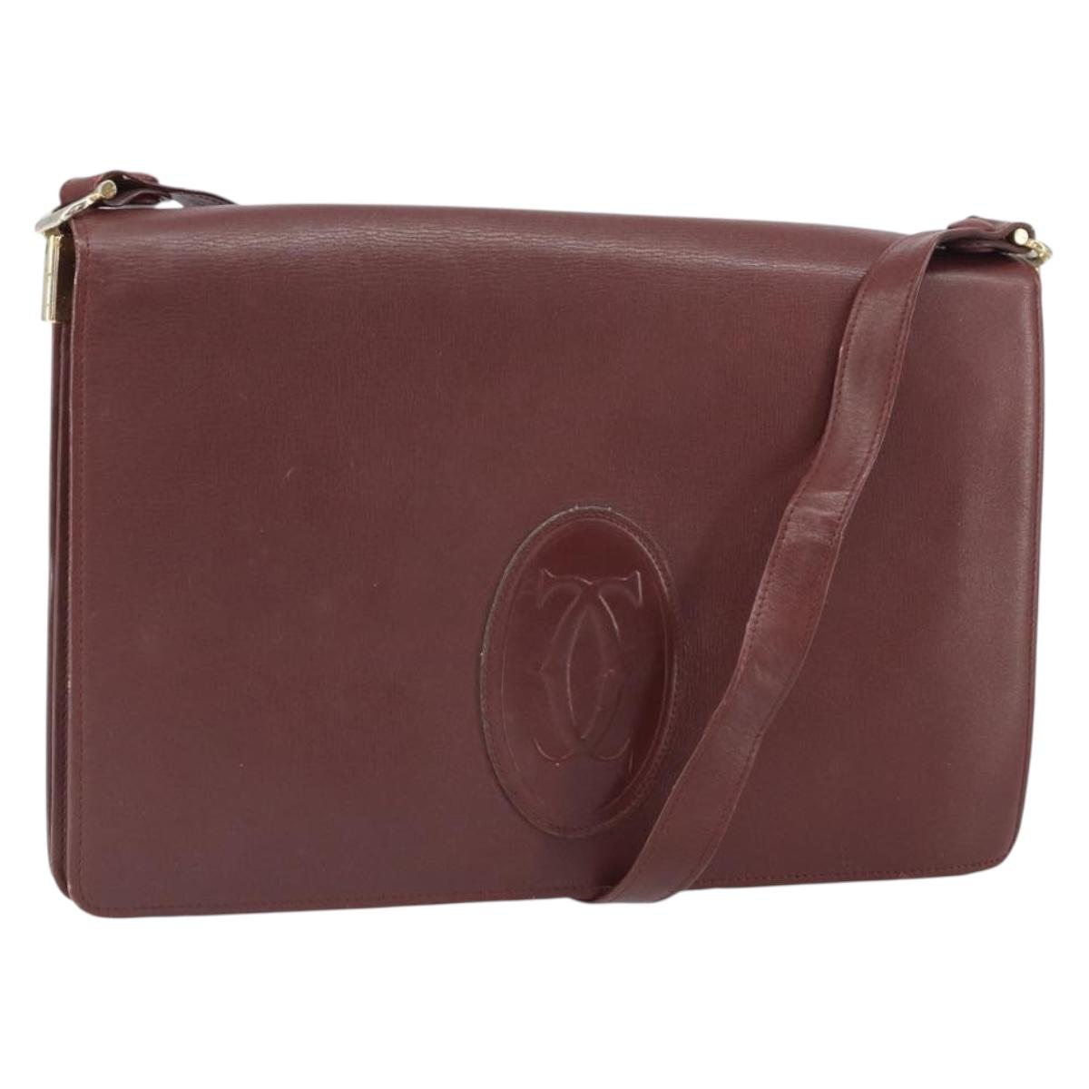 CARTIER Must Line Shoulder Bag Leather Bordeaux Gold Auth 162125