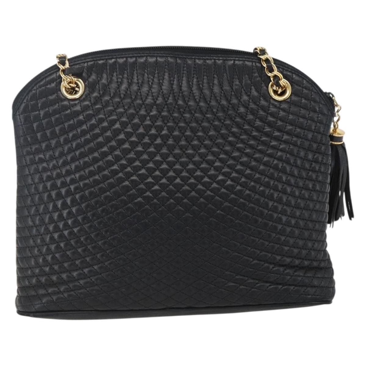 BALLY Chain Shoulder Bag Leather Navy Gold Auth 162126