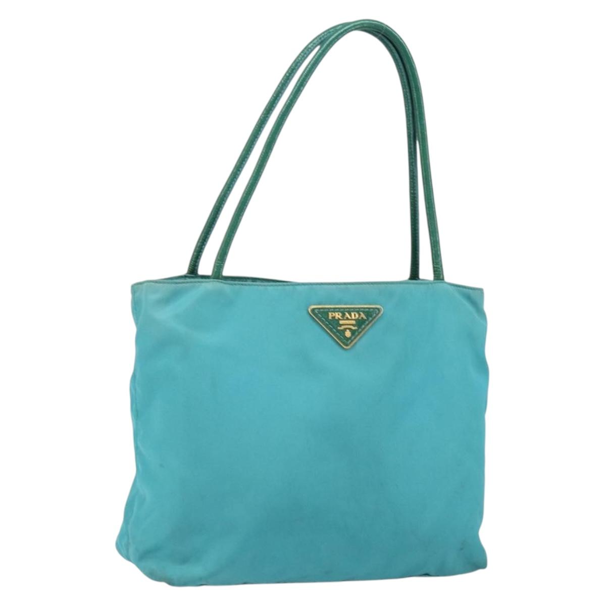 PRADA Hand Bag Nylon Turquoise Blue Gold Auth 162138