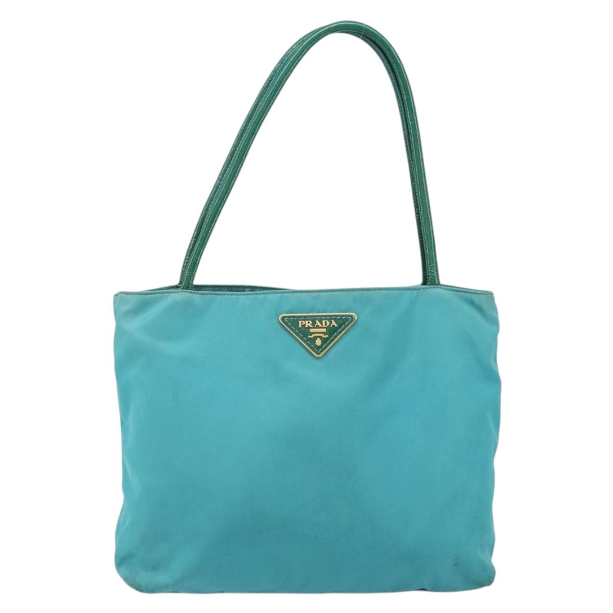 PRADA Hand Bag Nylon Turquoise Blue Gold Auth 162138