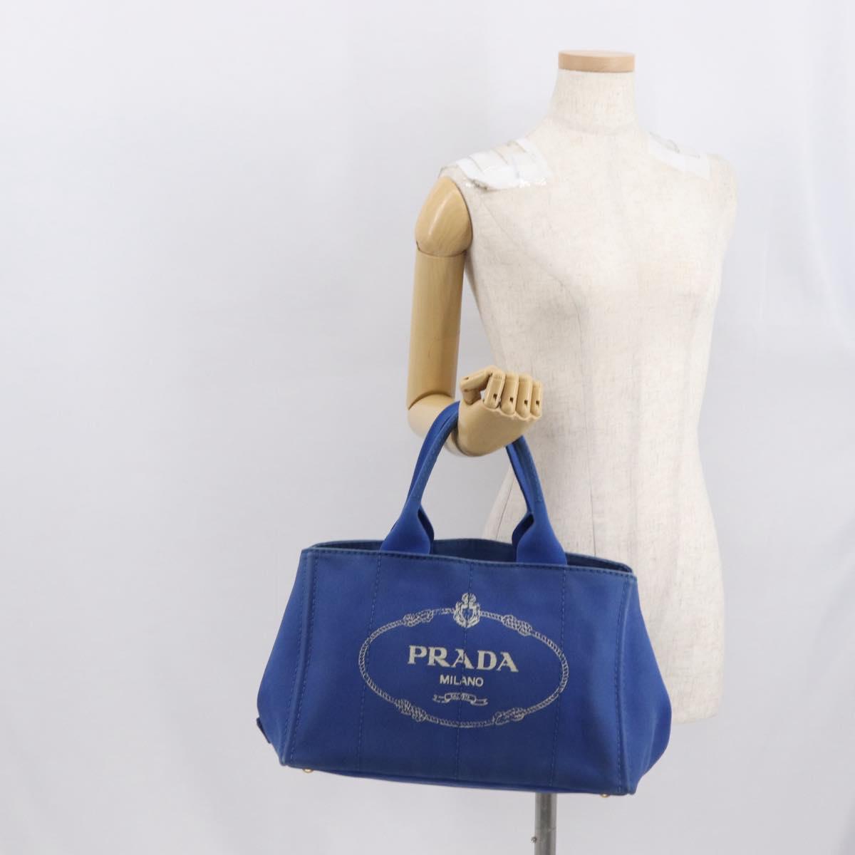 PRADA Canapa MM Hand Bag Canvas Blue Gold Auth 162140