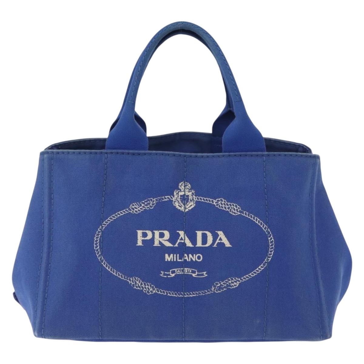 PRADA Canapa MM Hand Bag Canvas Blue Gold Auth 162140