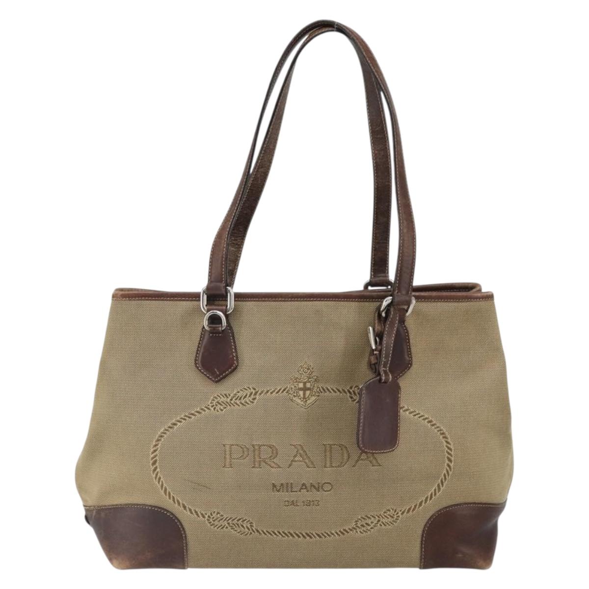 PRADA Tote Bag Canvas Beige Silver Auth 162142