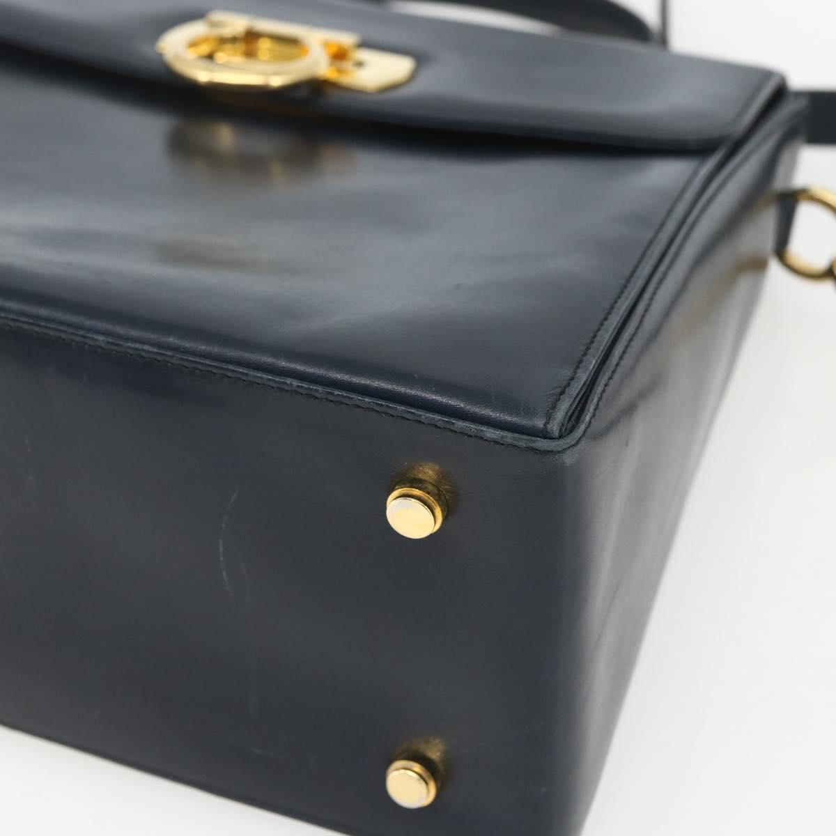 Salvatore Ferragamo Gancini Hand Bag Leather 2way Navy Gold Auth 162143