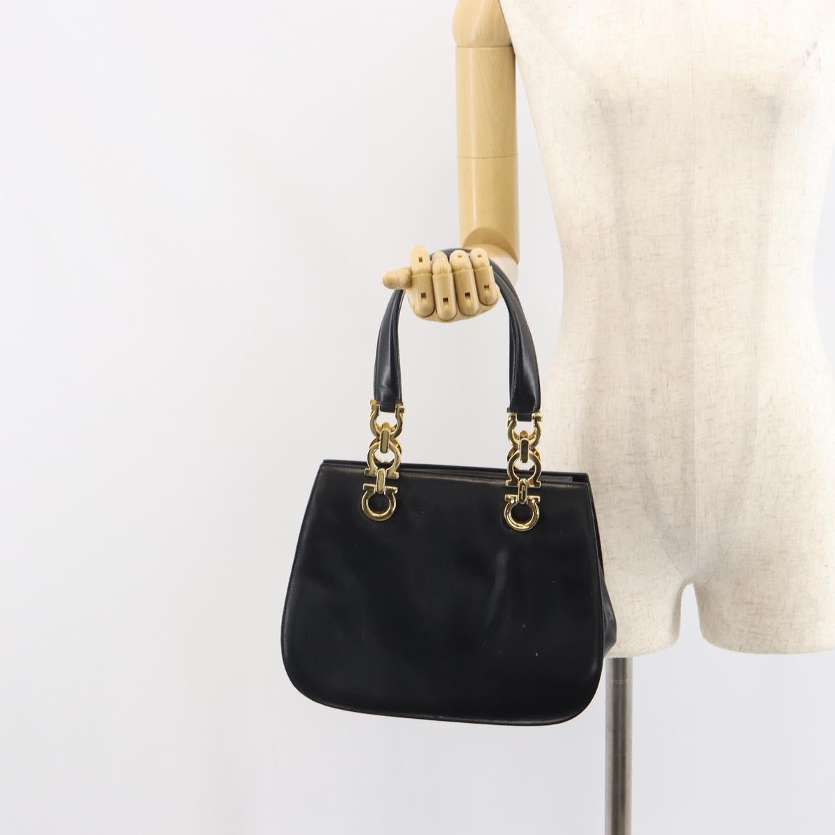 Salvatore Ferragamo Gancini Hand Bag Leather Black Gold Auth 162144