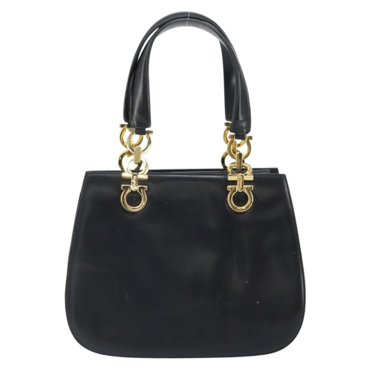 Salvatore Ferragamo Gancini Hand Bag Leather Black Gold Auth 162144