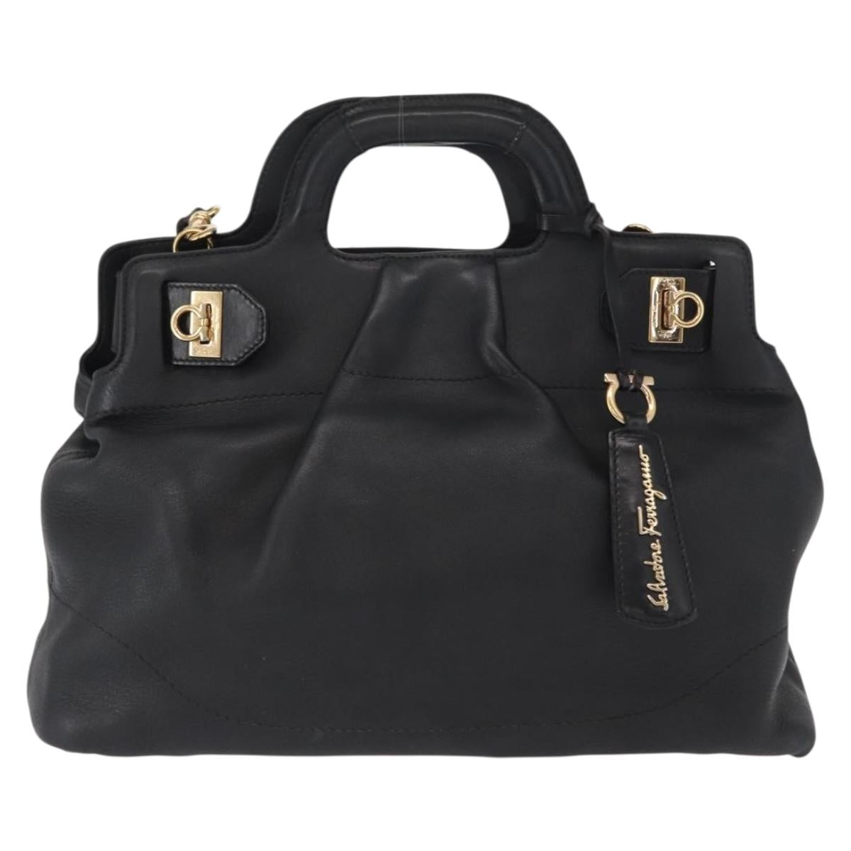 Salvatore Ferragamo Gancini Tote Bag Leather 2way Black Gold Auth 162147