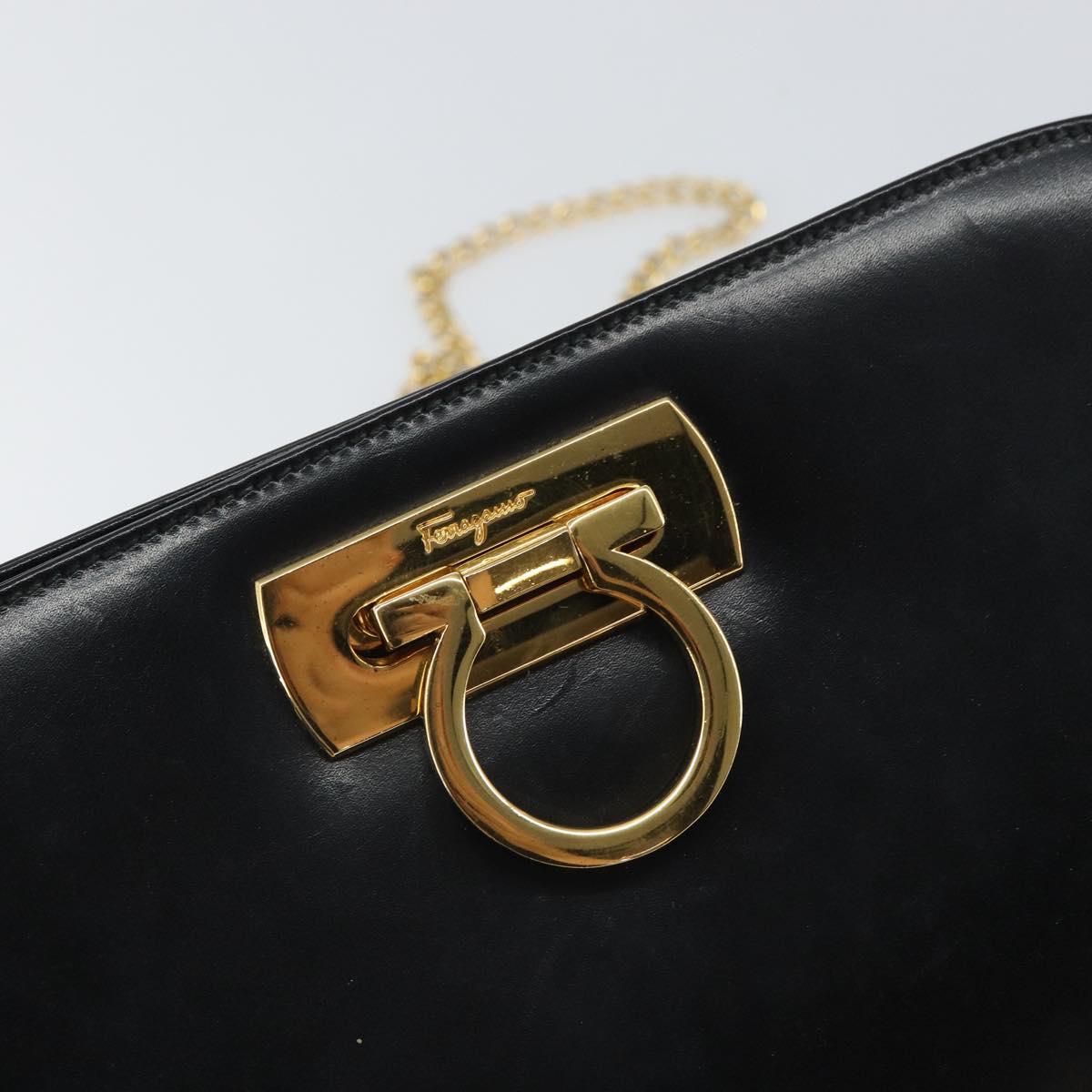 Salvatore Ferragamo Gancini Chain Shoulder Bag Leather Black Gold Auth 162153
