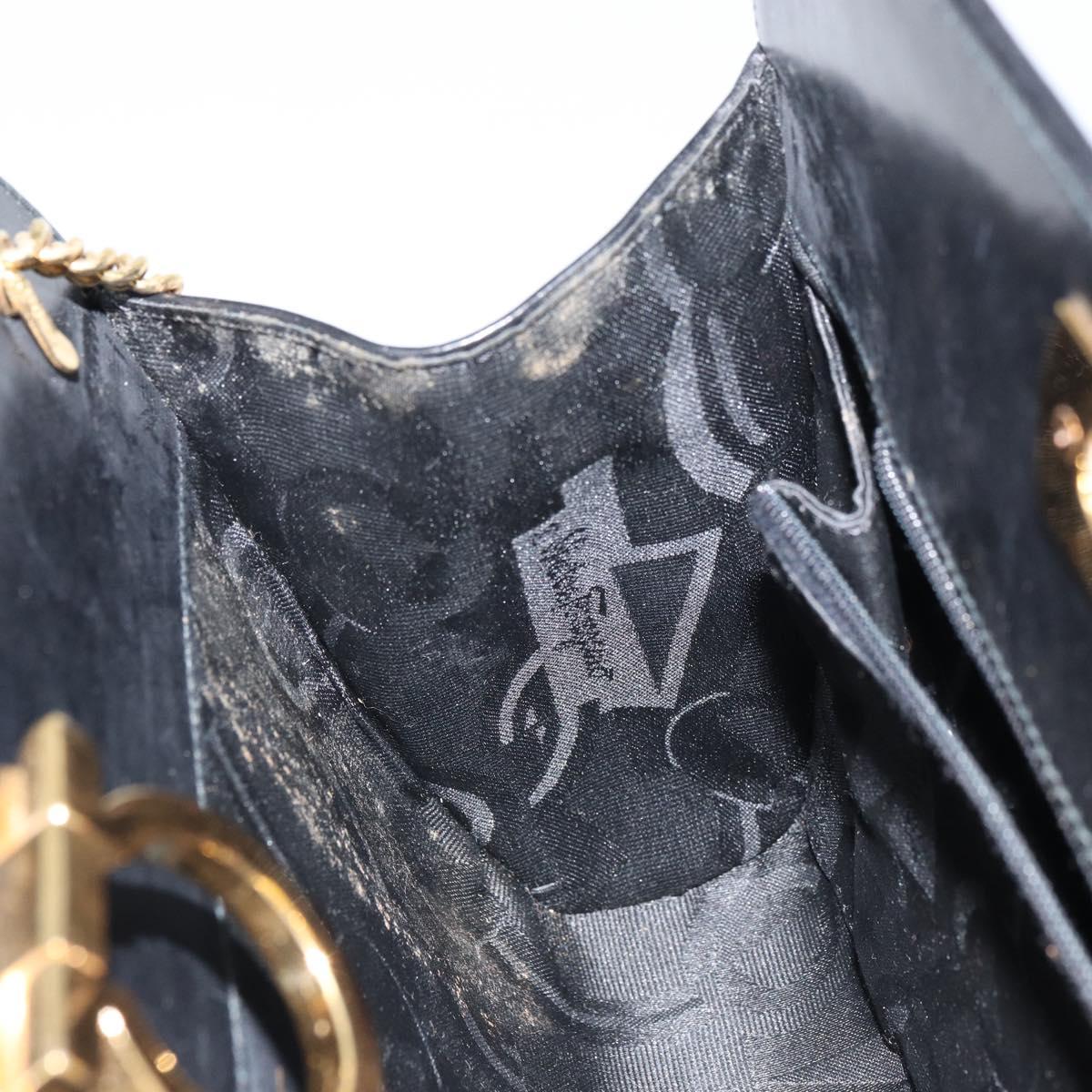 Salvatore Ferragamo Gancini Chain Shoulder Bag Leather Black Gold Auth 162153