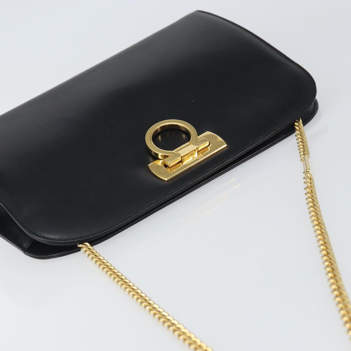 Salvatore Ferragamo Gancini Chain Shoulder Bag Leather Black Gold Auth 162153