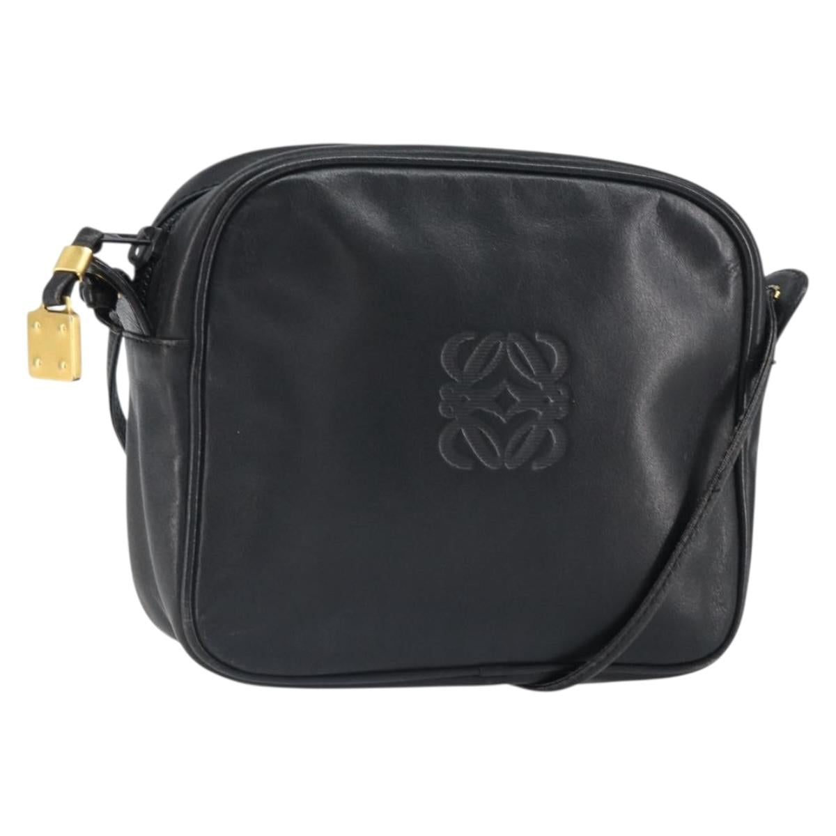 LOEWE Anagram Shoulder Bag Leather Black Gold Auth 162165