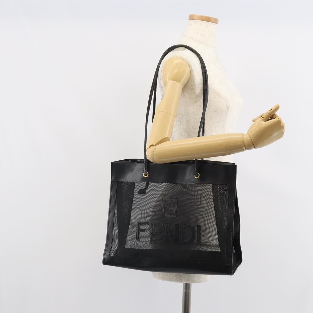 FENDI Mesh Tote Bag Nylon Black Gold Auth 162172
