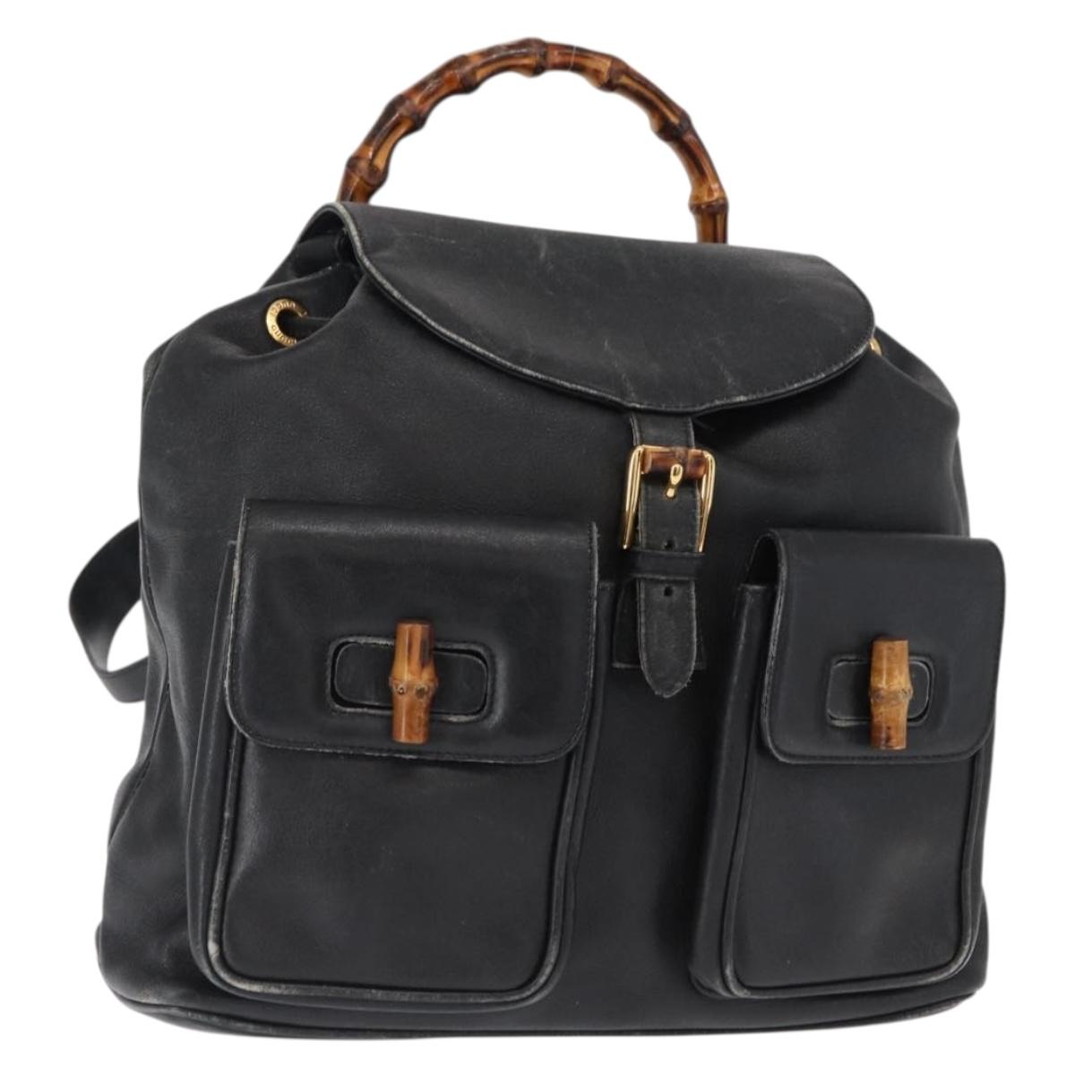 GUCCI Bamboo Backpack Leather Black Gold 003 2058 0016 Auth 162199