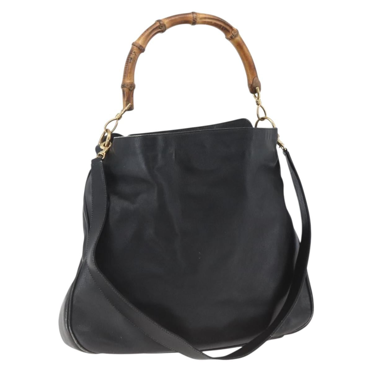 GUCCI Bamboo Shoulder Bag Leather 2way Black Gold 001 1577 3444 Auth 162200