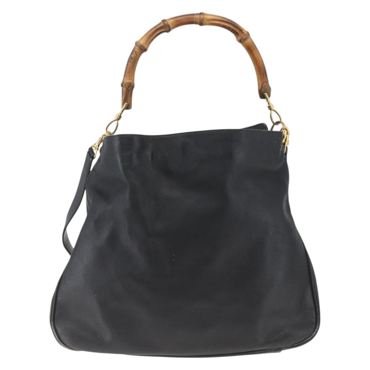 GUCCI Bamboo Shoulder Bag Leather 2way Black Gold 001 1577 3444 Auth 162200
