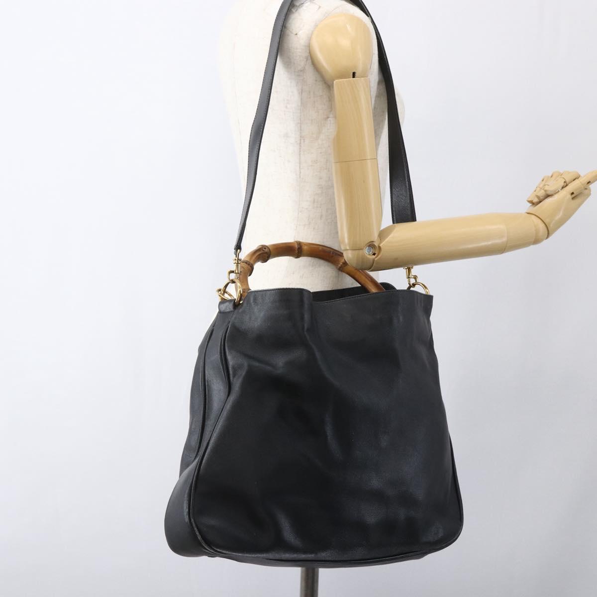 GUCCI Bamboo Shoulder Bag Leather 2way Black Gold 001 1577 3444 Auth 162200