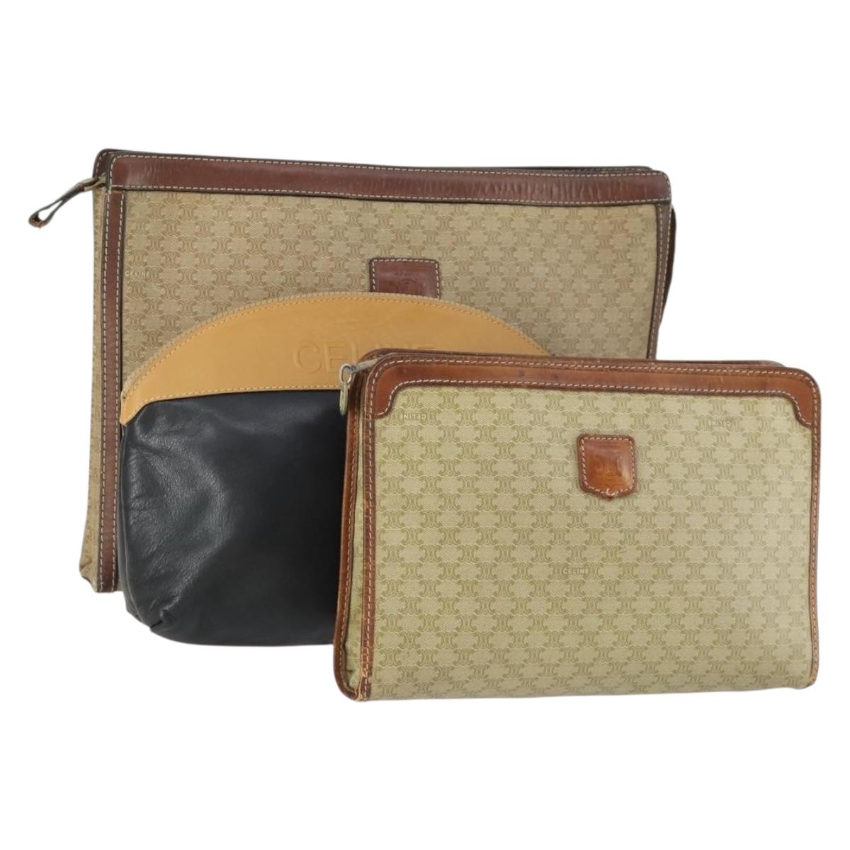 CELINE Macadam Canvas Bag PVC Leather 3 Set Black Beige Auth 162215