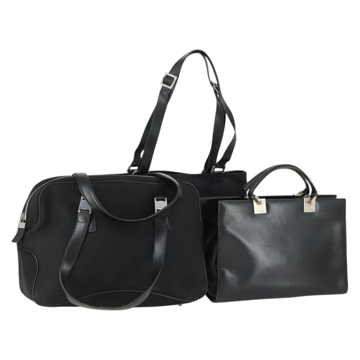 Salvatore Ferragamo Gancini Bag Leather Canvas 3 Set Black Auth 162217
