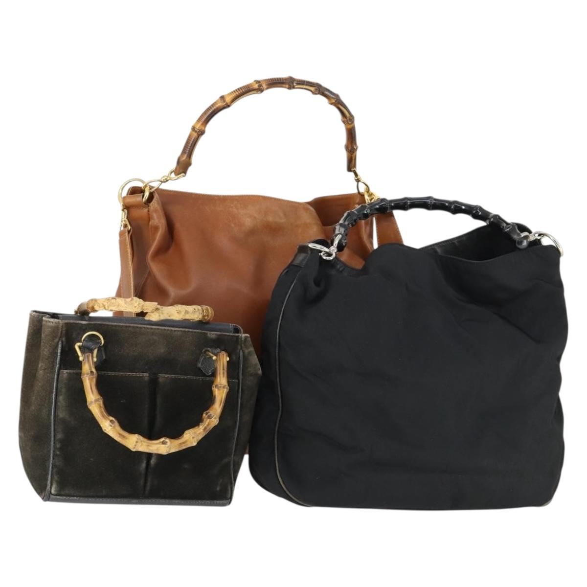 GUCCI Bamboo Shoulder Bag Leather Canvas Suede 3 Set Black Brown Auth 162219