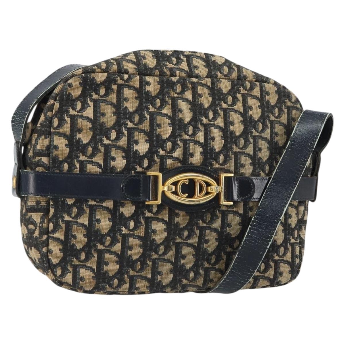 Christian Dior Trotter Canvas Shoulder Bag Navy Gold Auth 162249