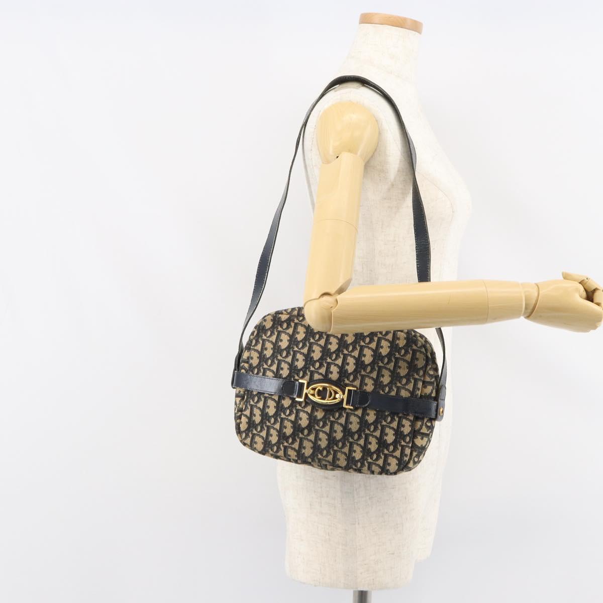 Christian Dior Trotter Canvas Shoulder Bag Navy Gold Auth 162249