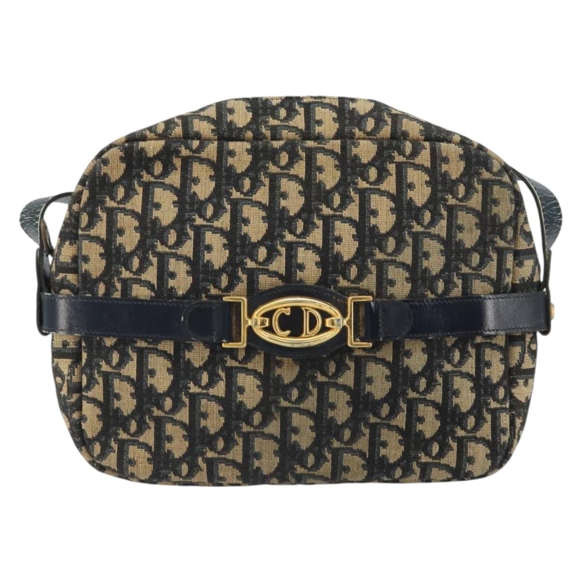 Christian Dior Trotter Canvas Shoulder Bag Navy Gold Auth 162249