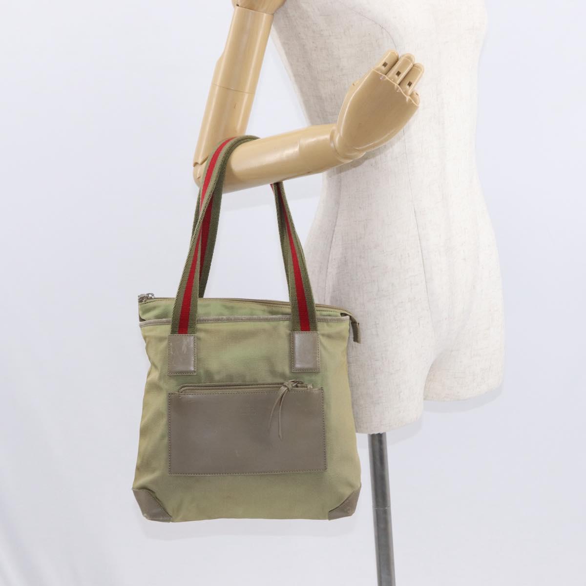 GUCCI Web Sherry Line Tote Bag Canvas Khaki Silver 019 0402 1705 Auth 162256