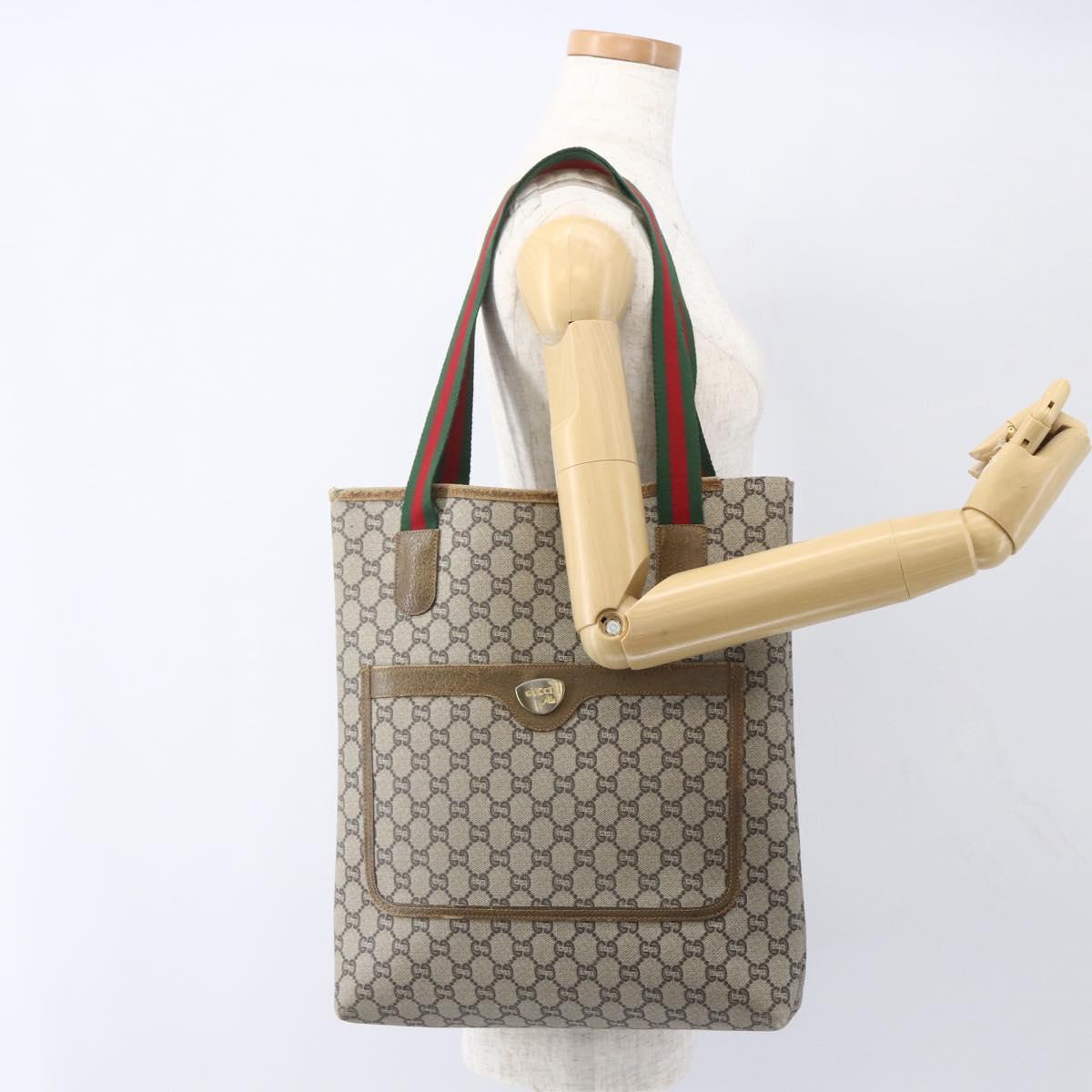 GUCCI GG Plus Supreme Web Sherry Line Tote Bag PVC Beige Gold Auth 162304