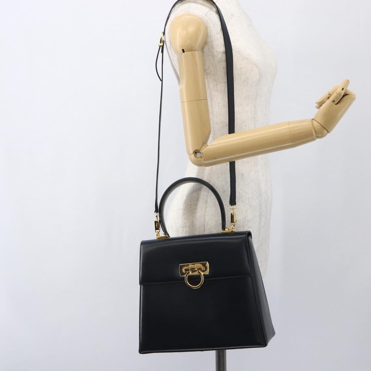 Salvatore Ferragamo Gancini Hand Bag Leather 2way Navy Gold Auth 162320