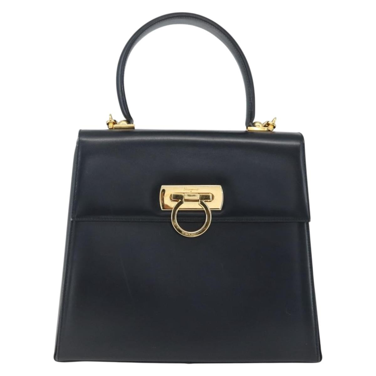Salvatore Ferragamo Gancini Hand Bag Leather 2way Navy Gold Auth 162320