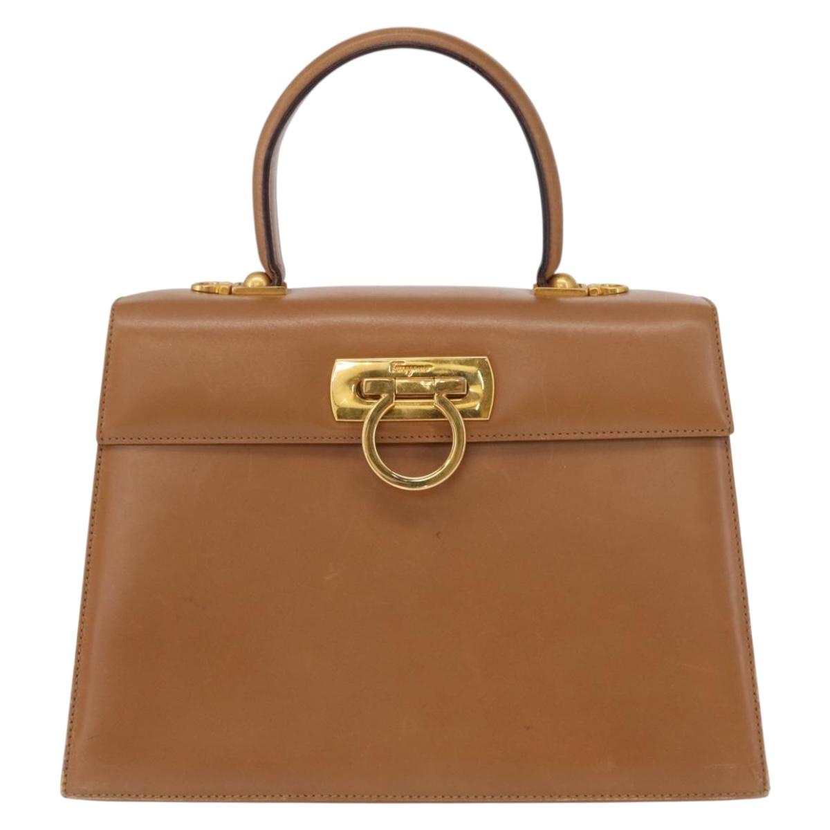 Salvatore Ferragamo Gancini Hand Bag Leather Brown Gold Auth 162321