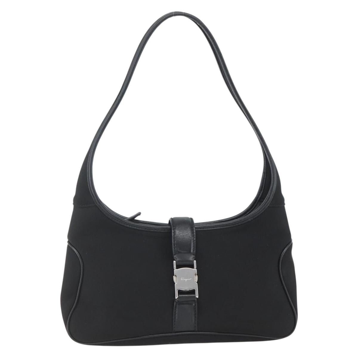 Salvatore Ferragamo Hand Bag Nylon Black Silver Auth 162323