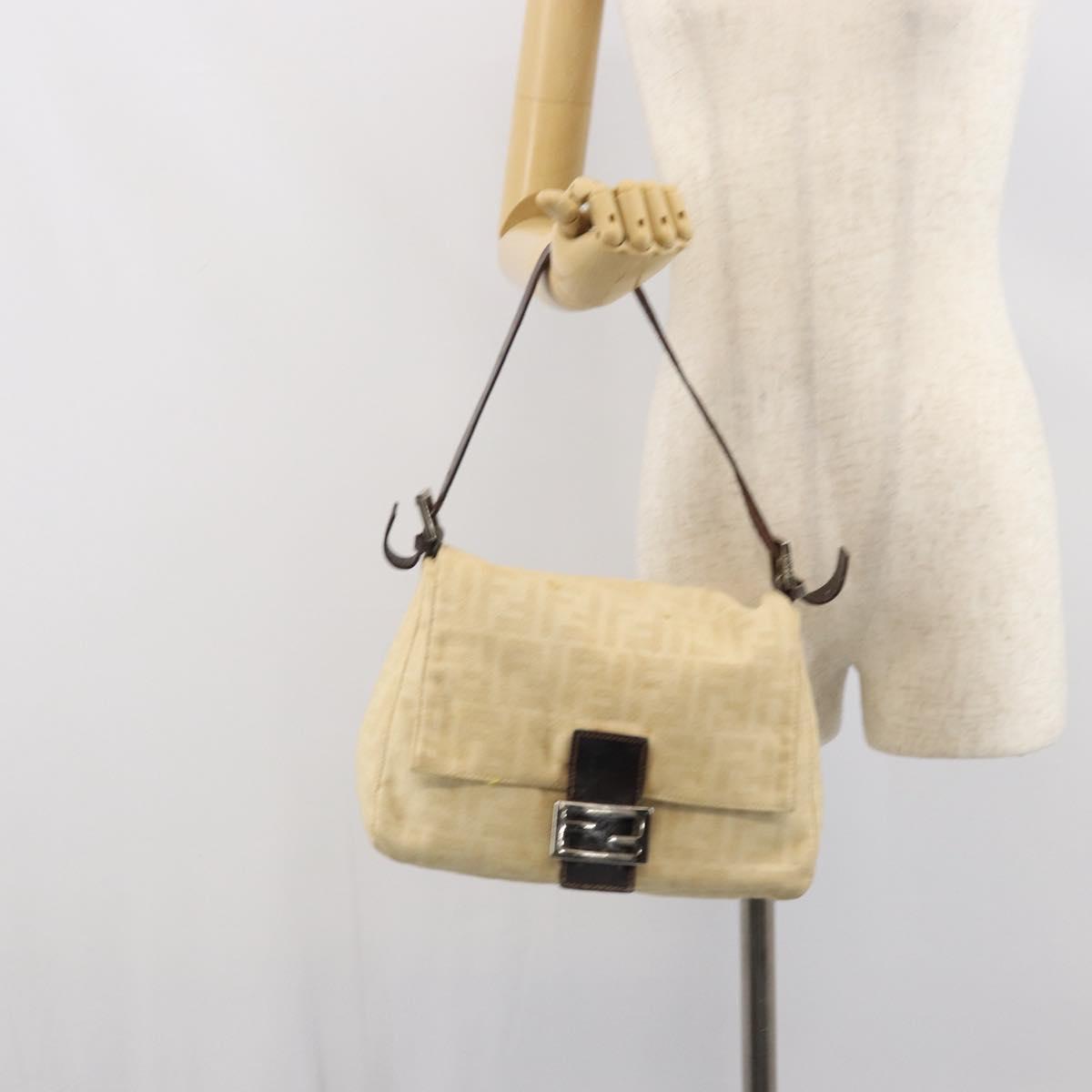 FENDI Zucca Canvas Mamma Baguette Shoulder Bag Beige Silver Auth 162335