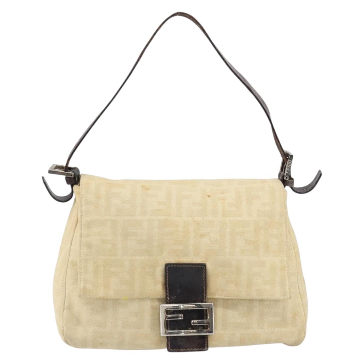 FENDI Zucca Canvas Mamma Baguette Shoulder Bag Beige Silver Auth 162335