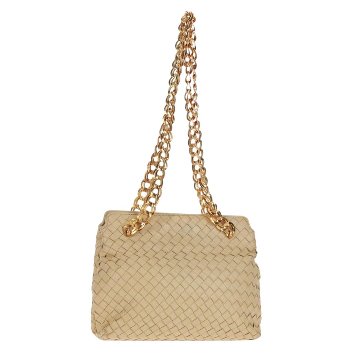 BOTTEGA VENETA INTRECCIATO Chain Shoulder Bag Leather Beige Gold Auth 162338V