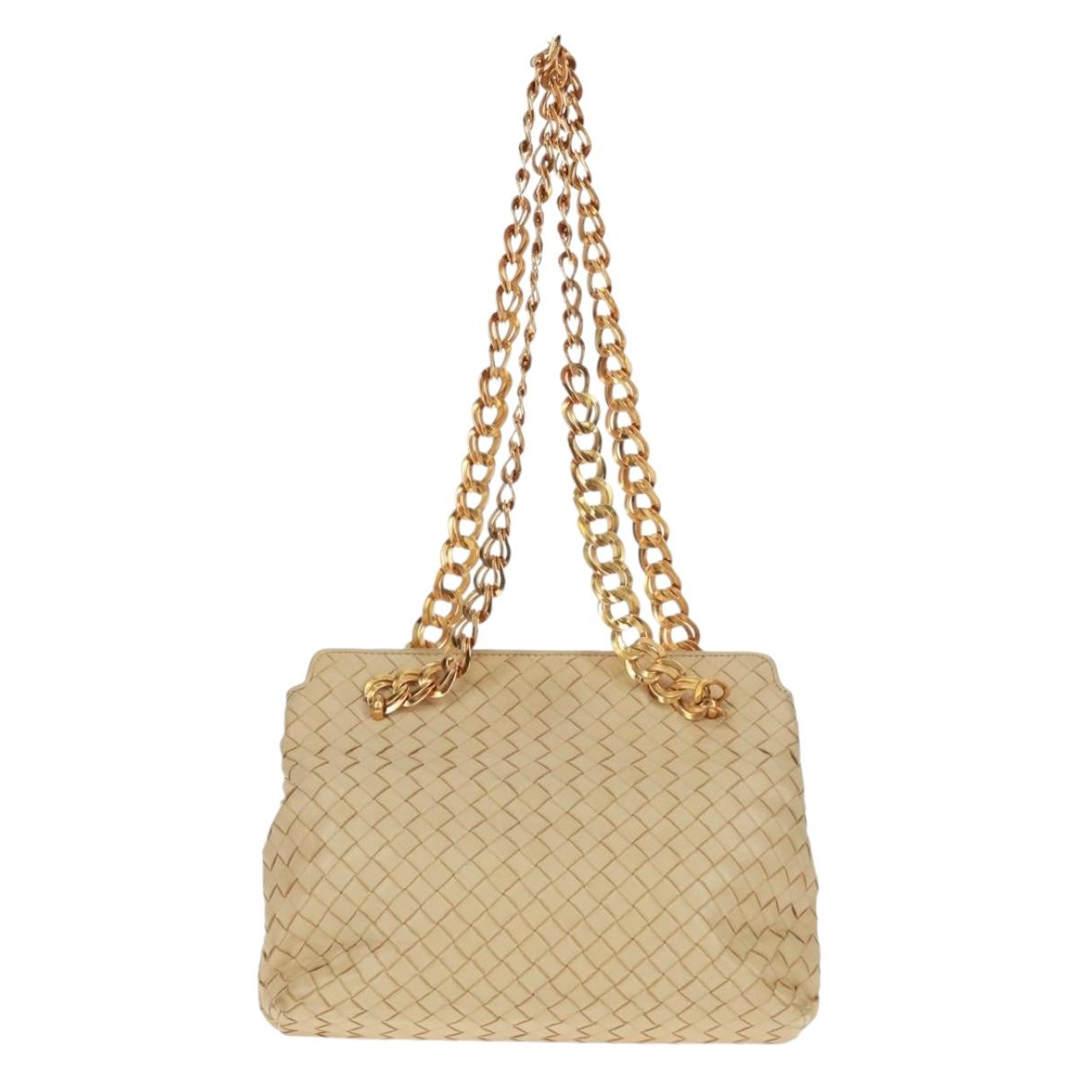BOTTEGA VENETA INTRECCIATO Chain Shoulder Bag Leather Beige Gold Auth 162338V