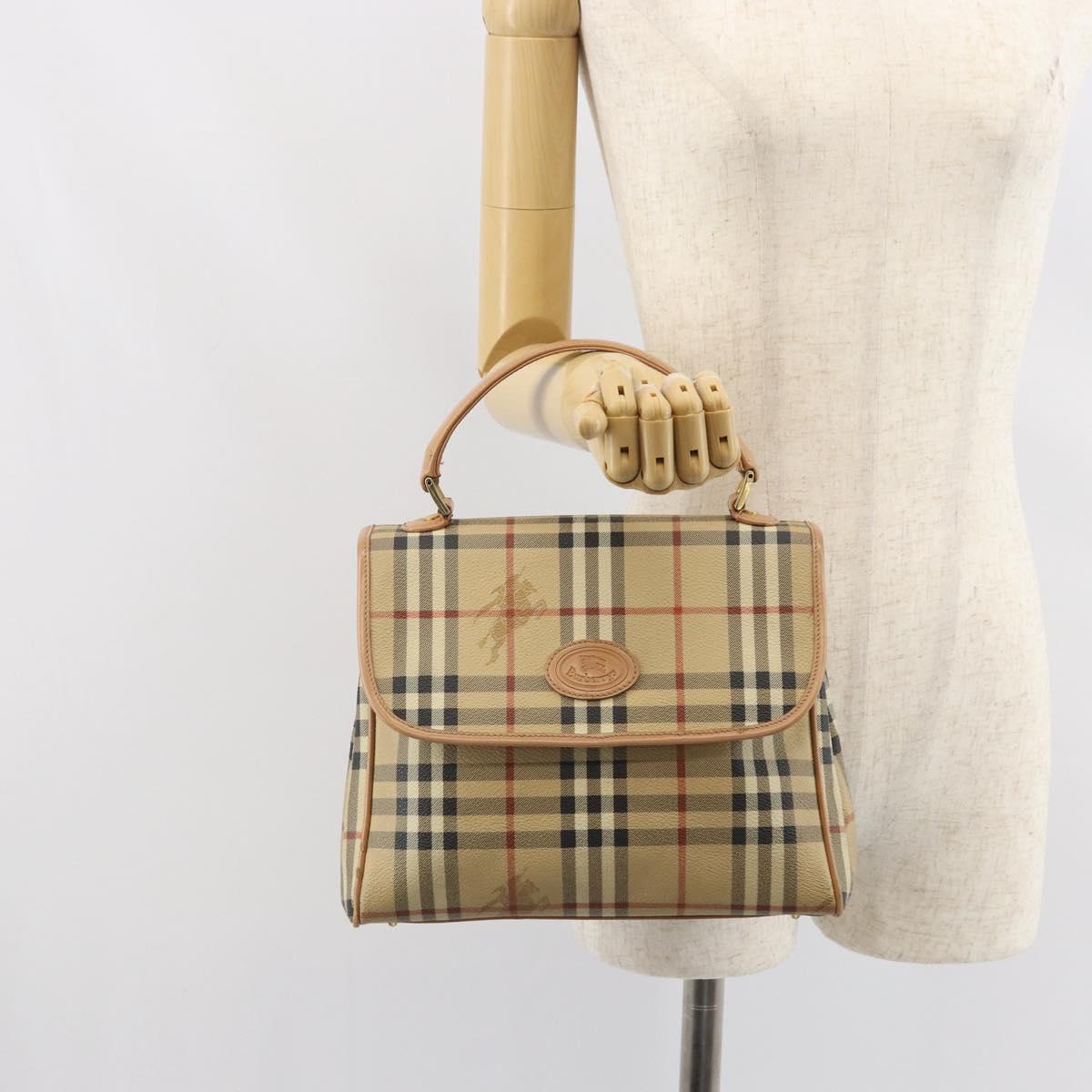 Burberrys Nova Check Hand Bag PVC Beige Gold Auth 162399